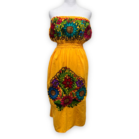Mexican Embroidered Floral Yellow Dress XS/S - Picture 1 of 4